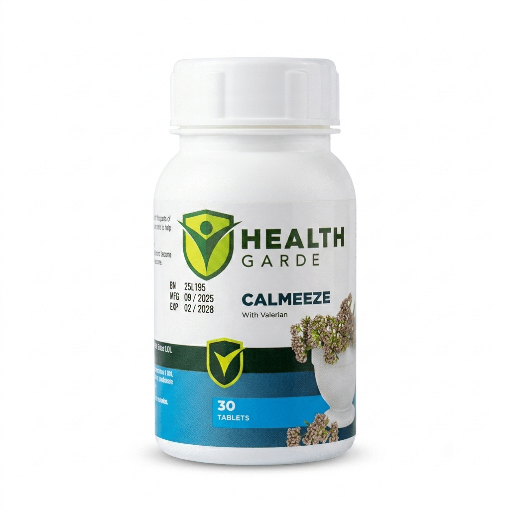 Healthgarde Calmeeze With Valerian – Calm &Amp; Sleep Support – 45Mg – 30 Tablets - Recs-Medix Healthgarde calmeeze with valerian, white bottle showing the front label and 30 tablets, natural calm and sleep support supplement.