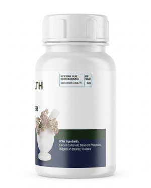 HealthGarde Calmeeze side label showing Valerian root extract 4:1 45mg per tablet and other ingredients for relaxation support.