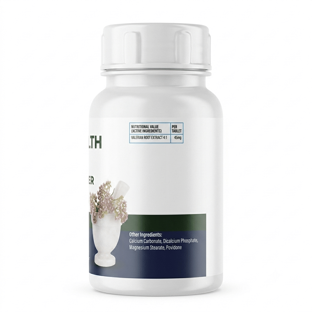 Healthgarde Calmeeze With Valerian – Calm &Amp; Sleep Support – 45Mg – 30 Tablets - Recs-Medix Healthgarde calmeeze side label showing valerian root extract 4:1 45mg per tablet and other ingredients for relaxation support.