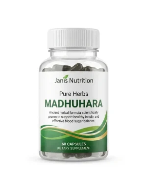 Janis Nutrition Madhuhara bottle, white and green Pure Herbs label, 60-capsule herbal supplement for healthy blood sugar support
