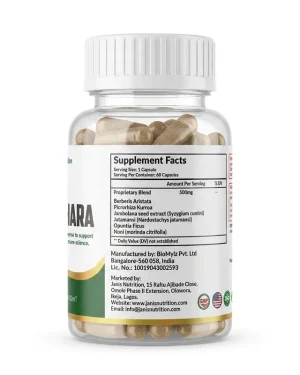 Janis Nutrition Madhuhara label showing supplement facts and herbal blend of Berberis, Jamun, Prickly Pear, Kutki, Jatamansi and Noni