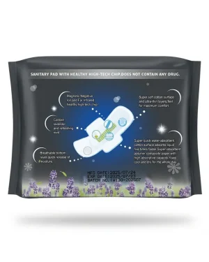 Kedi 7-Layer Sanitary Pad Night 280mm back pack showing materials, usage, storage, manufacturer and product warnings.