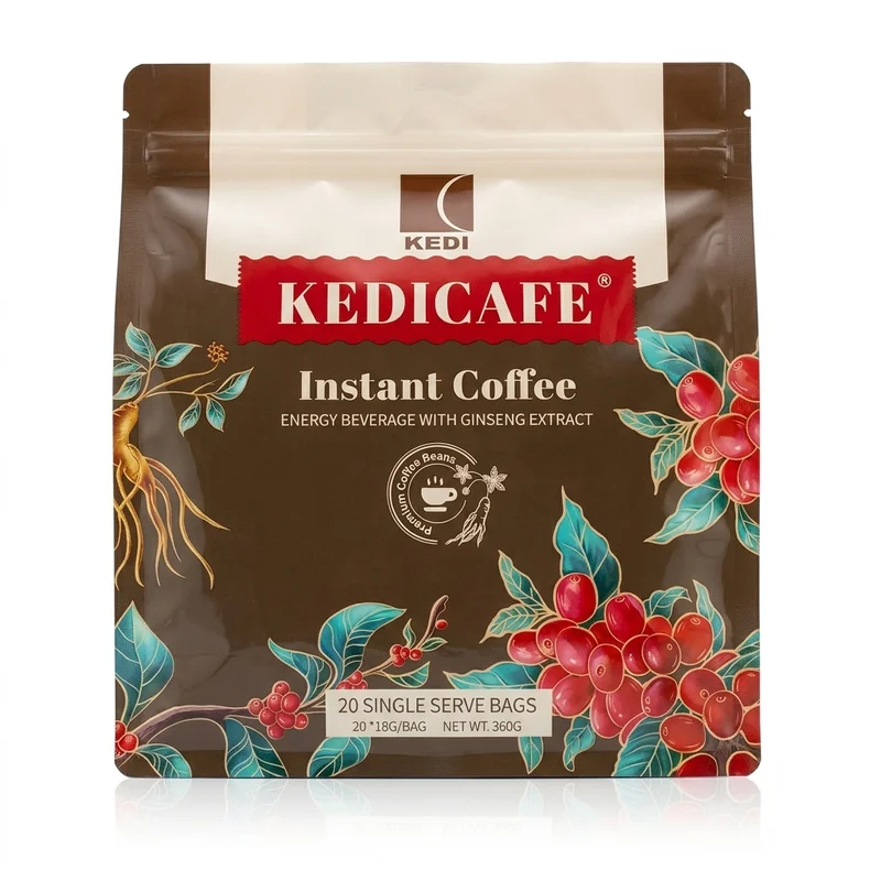 Kedicafe Instant Coffee — Energy &Amp; Focus Support With Ginseng Extract — 18G × 20 Sachets - Recs-Medix Kedicafe instant coffee front pack, brown resealable pouch with red kedicafe logo and coffee cherry artwork, 20 single-serve ginseng coffee sachets.