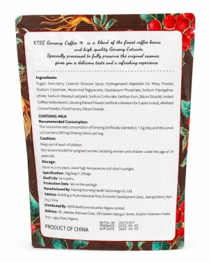 Back of Kedicafe Ginseng Coffee pouch showing ingredients, milk allergen warning, cautions, storage and manufacturer details.