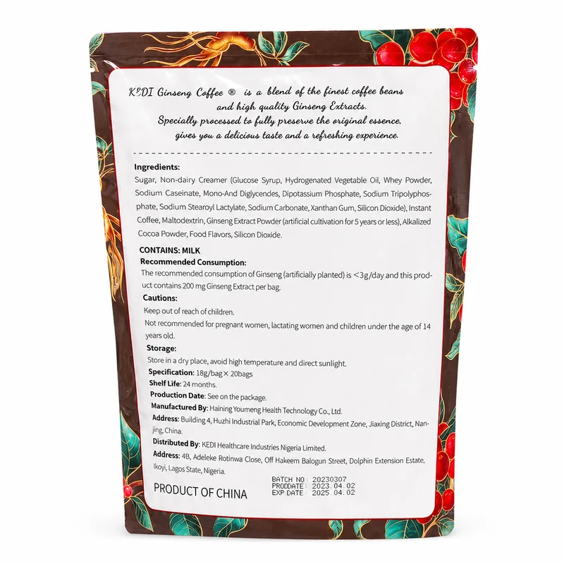 Kedicafe Instant Coffee — Energy &Amp; Focus Support With Ginseng Extract — 18G × 20 Sachets - Recs-Medix Back of kedicafe ginseng coffee pouch showing ingredients, milk allergen warning, cautions, storage and manufacturer details.