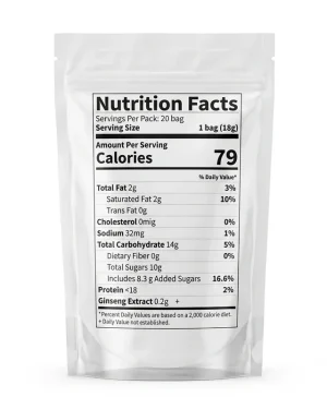 Kedicafe Ginseng Coffee Nutrition Facts panel showing serving size, calories, sugar, carbohydrate and ginseng extract content.
