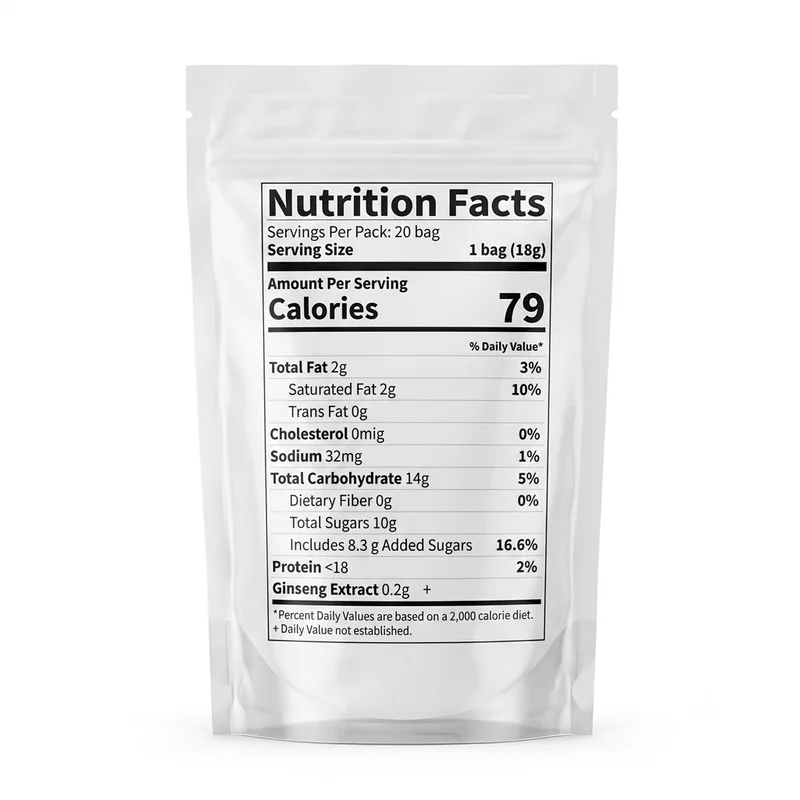 Kedicafe Instant Coffee — Energy &Amp; Focus Support With Ginseng Extract — 18G × 20 Sachets - Recs-Medix Kedicafe ginseng coffee nutrition facts panel showing serving size, calories, sugar, carbohydrate and ginseng extract content.