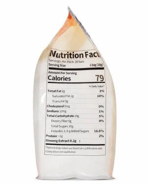 Side view of Kedicafe Instant Coffee pouch showing Nutrition Facts, 79 calories and 200mg ginseng extract per 18g bag.