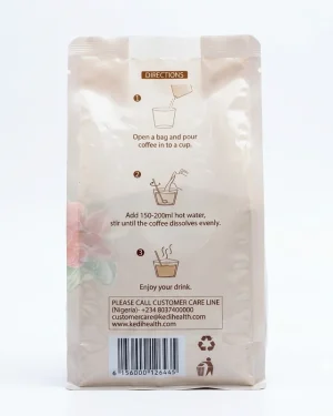 Kedicafe Instant Coffee with Ginseng Extract sachet pack showing preparation directions, customer care details and barcode.