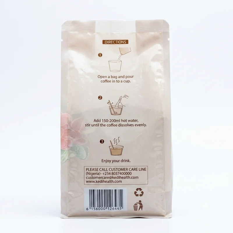 Kedicafe Instant Coffee — Energy &Amp; Focus Support With Ginseng Extract — 18G × 20 Sachets - Recs-Medix Kedicafe instant coffee with ginseng extract sachet pack showing preparation directions, customer care details and barcode.