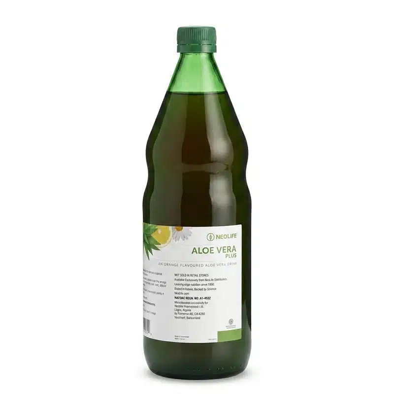 Neolife Aloe Vera Plus — Refreshing Daily Aloe Vera Drink — 1 Litre - Recs-Medix Front of a one litre neolife aloe vera plus bottle showing the orange flavoured aloe vera drink label