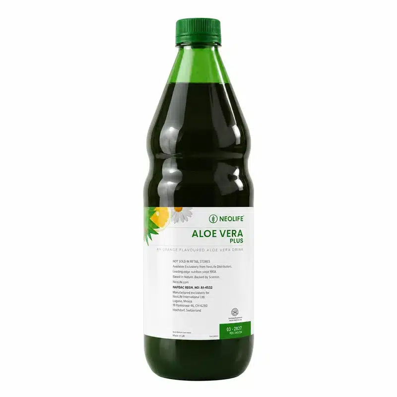 Neolife Aloe Vera Plus — Refreshing Daily Aloe Vera Drink — 1 Litre - Recs-Medix Ingredients panel on neolife aloe vera plus listing aloe vera, fructose, tea, chamomile and ginseng