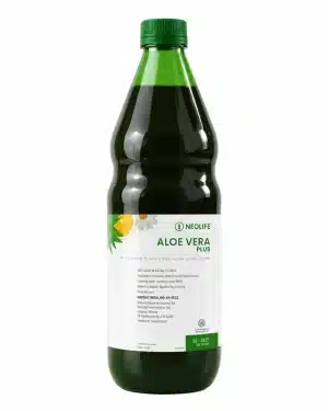 ack label of NeoLife Aloe Vera Plus showing NAFDAC registration number A1-4532 and the Swiss maker