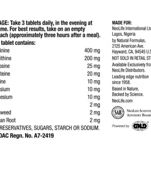 NeoLife Ami-Tone back label showing dosage, ingredient amounts, manufacturer details and NAFDAC registration number A7-2419.