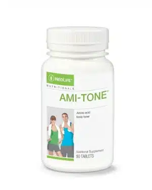 NeoLife Ami-Tone amino acid body toner in a white 90-tablet bottle with the NeoLife Nutritionals front label clearly visible.