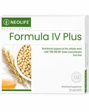 NeoLife Formula IV Plus 30 Sachets front pack, showing TRE-EN-EN Grain Concentrates and iron-free nutritional supplement label.