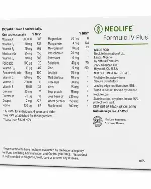 Back panel of NeoLife Formula IV Plus showing dosage, nutrient amounts, storage instructions and NAFDAC Registration Number A7-1153.