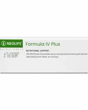 NeoLife Formula IV Plus side panel showing nutritional support information with printed lot, manufacture and expiry dates.
