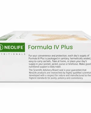 Side panel of NeoLife Formula IV Plus describing hermetically sealed daily sachets and the NeoLife Scientific Advisory Board seal.