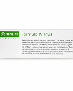 Side panel of NeoLife Formula IV Plus describing TRE-EN-EN Grain Concentrates, vitamins, minerals, enzymes, lipids and sterols.