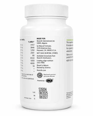 NeoLife Vitamin B Co. bottle side label showing adult dosage, B-vitamin amounts, NRV percentages and NAFDAC Reg. No. A7-1204.
