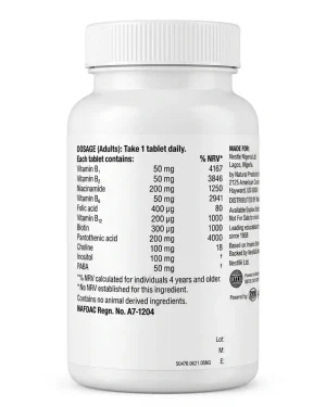 NeoLife Vitamin B Co. bottle side label showing adult dosage, B-vitamin amounts, NRV percentages and NAFDAC Reg. No. A7-1204.