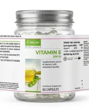 NeoLife Vitamin E 200 IU label showing one-capsule daily dosage, 895% NRV, NAFDAC A7-1222 and storage instructions