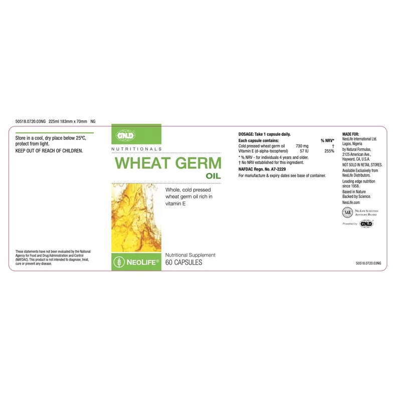 Neolife Wheat Germ Oil — Antioxidant Support — 730Mg — 60 Capsules - Recs-Medix Neolife wheat germ oil product information describing cold-processed wheat germ oil, vitamin e and essential unsaturated fatty acids.