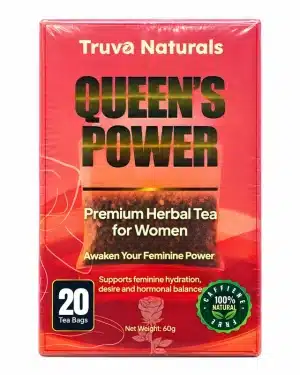 Truva Naturals Queen's Power box, front label showing 20 tea bags, caffeine-free herbal tea for feminine hydration and hormonal balance.