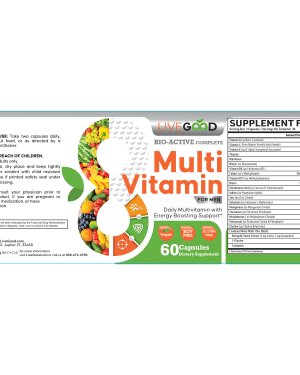 LiveGood Bio-Active Complete Multi-Vitamin For Men label with directions and supplement facts