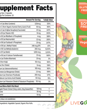 LiveGood Bio-Active Complete Multi-Vitamin For Men supplement facts, serving size 2 capsules
