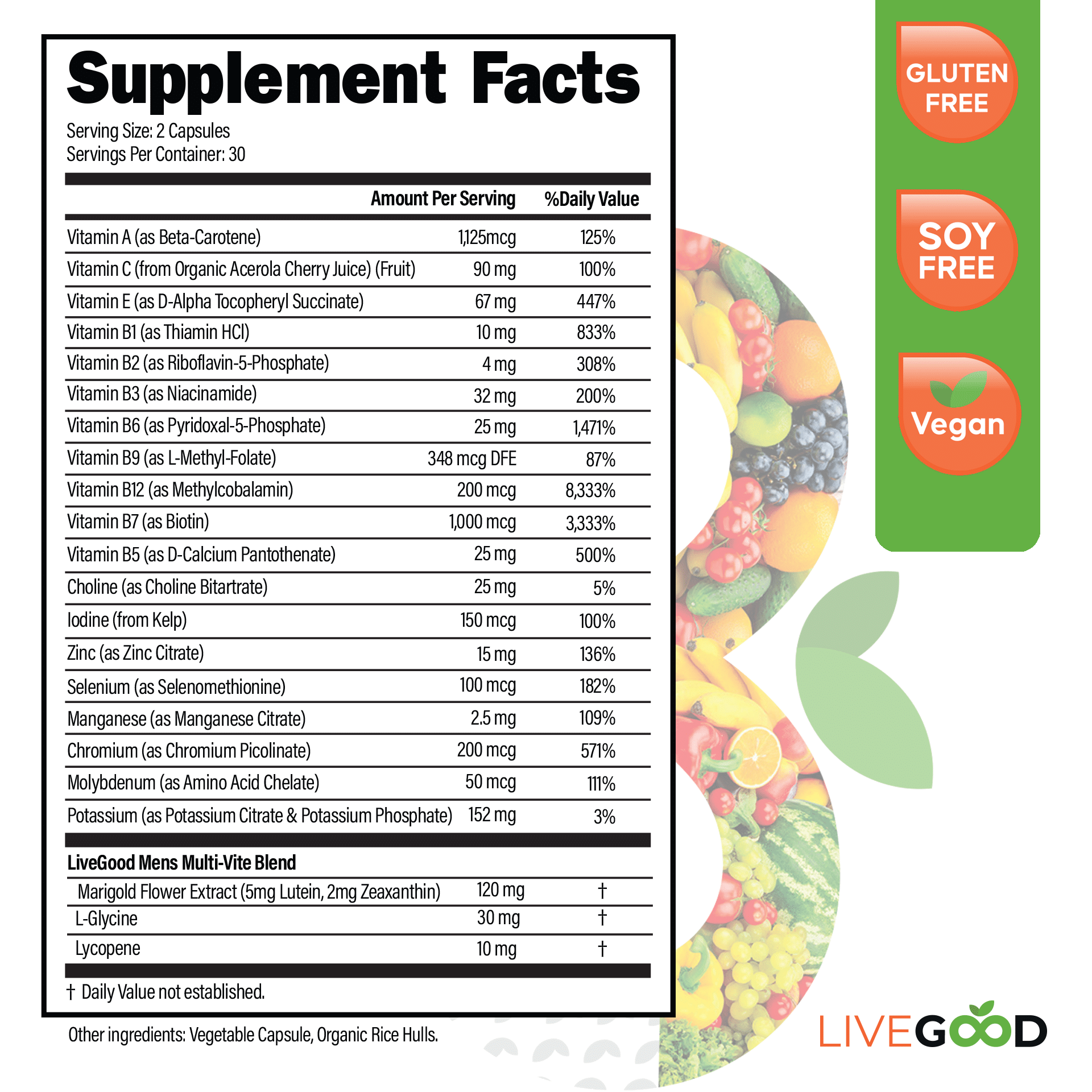 Livegood Bio-Active Complete Multi-Vitamin For Men – 60 Capsules - Recs-Medix Livegood bio-active complete multi-vitamin for men supplement facts, serving size 2 capsules