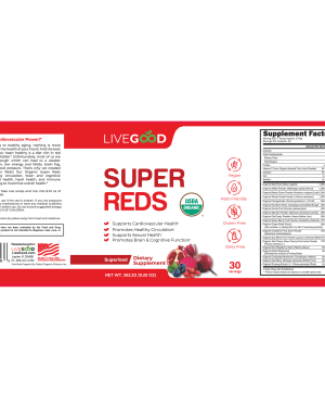 LiveGood Organic Super Reds powder label with directions, warnings and supplement facts