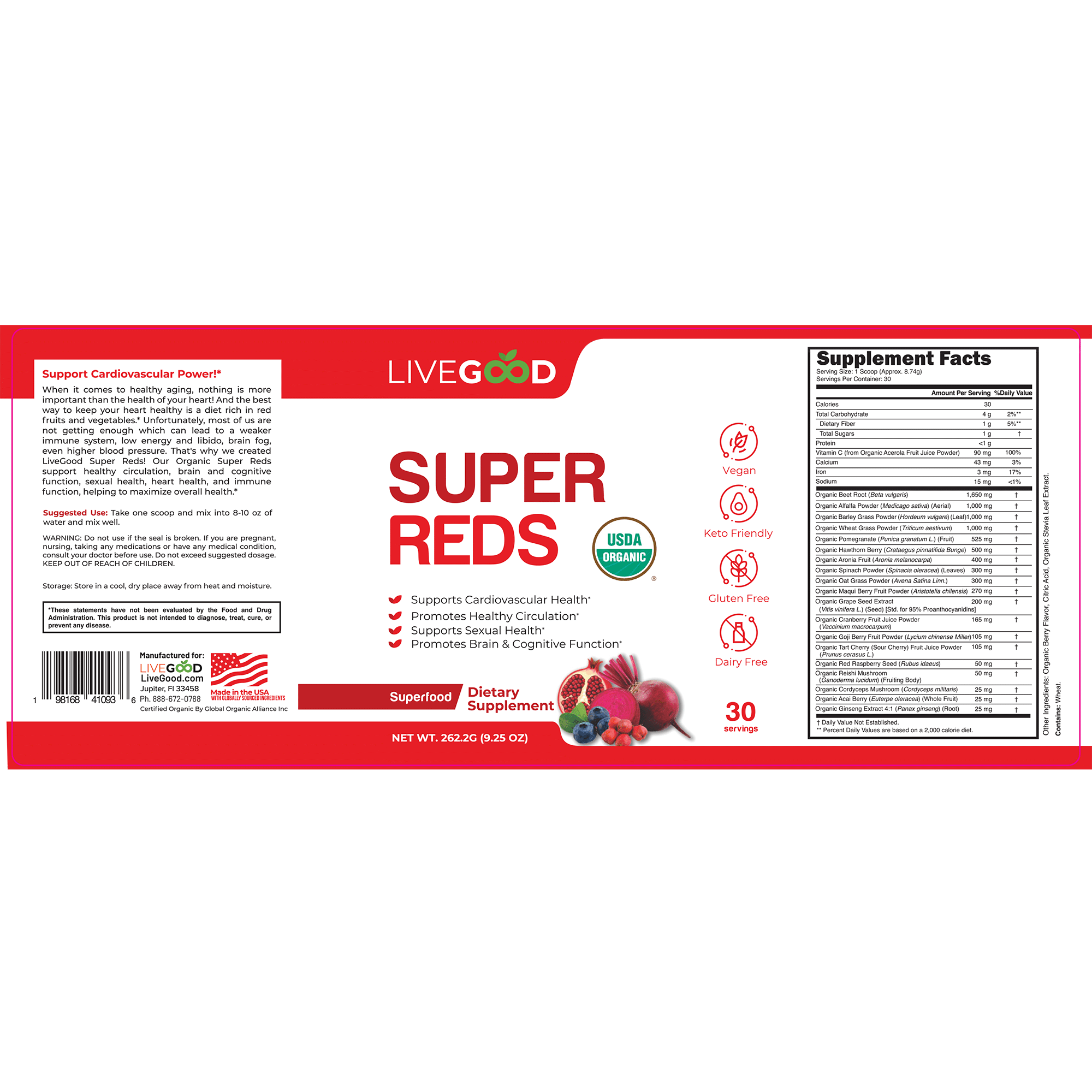 Livegood Organic Super Reds – Superfood Powder – 30 Servings - Recs-Medix Livegood organic super reds powder label with directions, warnings and supplement facts