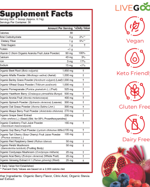 LiveGood Organic Super Reds supplement facts, serving size 1 scoop and 30 servings