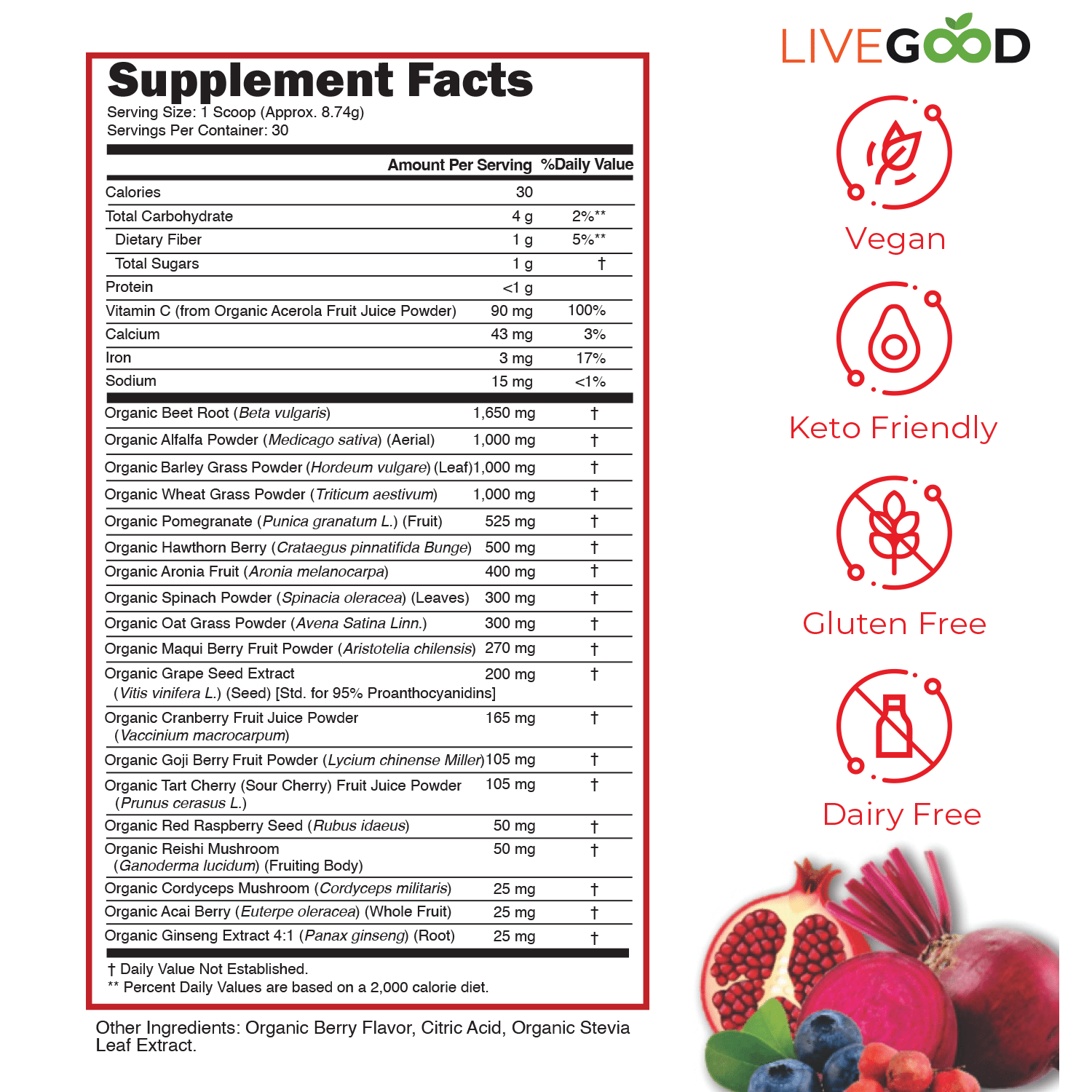 Livegood Organic Super Reds – Superfood Powder – 30 Servings - Recs-Medix Livegood organic super reds supplement facts, serving size 1 scoop and 30 servings