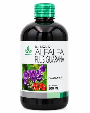D.I. Liquid Alfalfa Plus Guarana 500ml supplement bottle with green cap and front label showing alfalfa and guarana imagery
