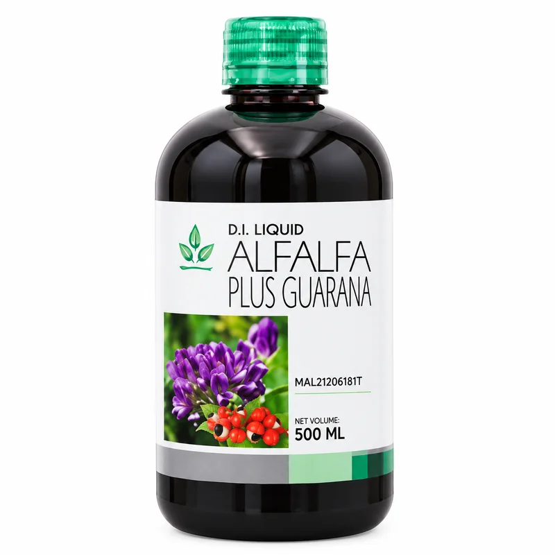 D.i. Liquid Alfalfa Plus Guarana – Herbal Supplement – 500Ml - Recs-Medix D. I. Liquid alfalfa plus guarana 500ml supplement bottle with green cap and front label showing alfalfa and guarana imagery