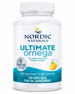Nordic Naturals Ultimate Omega fish oil supplement bottle with 120 soft gels and 1280 mg omega-3s per two soft gels