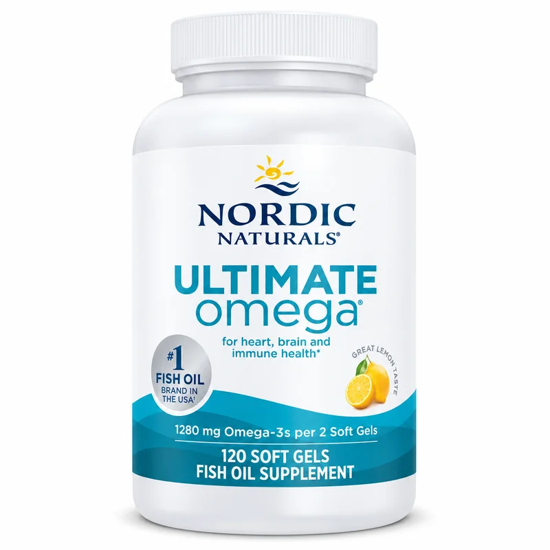 Nordic Naturals Ultimate Omega – Heart Support – 60 Softgels - Recs-Medix Nordic naturals ultimate omega fish oil supplement bottle with 120 soft gels and 1280 mg omega-3s per two soft gels