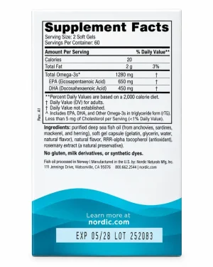 Nordic Naturals Ultimate Omega Supplement Facts showing 1280 mg omega-3s, 650 mg EPA and 450 mg DHA per two-softgel serving