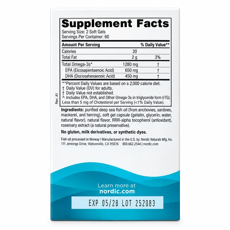 Nordic Naturals Ultimate Omega – Heart Support – 60 Softgels - Recs-Medix Nordic naturals ultimate omega supplement facts showing 1280 mg omega-3s, 650 mg epa and 450 mg dha per two-softgel serving
