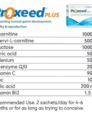 Proxeed Plus ingredients and recommended-use chart showing L-carnitine, CoQ10, zinc, selenium, vitamins and sachet directions
