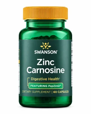 Swanson Zinc Carnosine digestive health supplement bottle featuring PepZinGI, 60 capsules