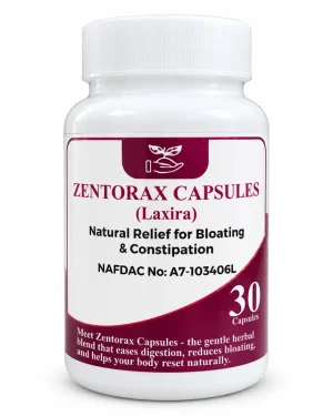 Zentorax Capsules Laxira 30-capsule bottle showing the front label and NAFDAC number